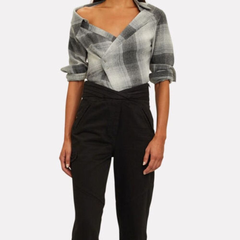 RtA Gray and White Plaid Off-Shoulder Wrap Blouse